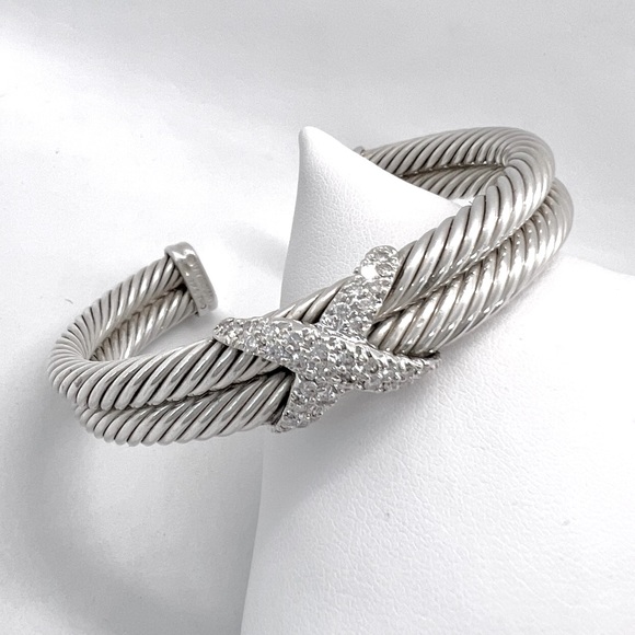 David Yurman Sterling Silver Double Row Diamond X Cable Bracelet - Picture 12 of 16